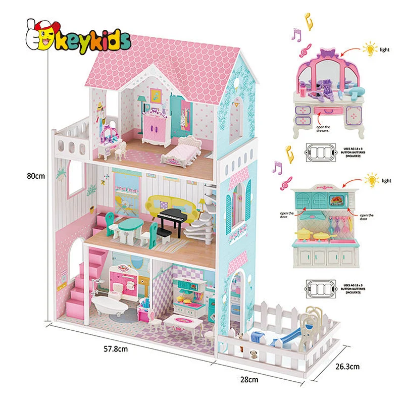2024 Upgrade large pink led wooden doll house with light and sound W06A379B